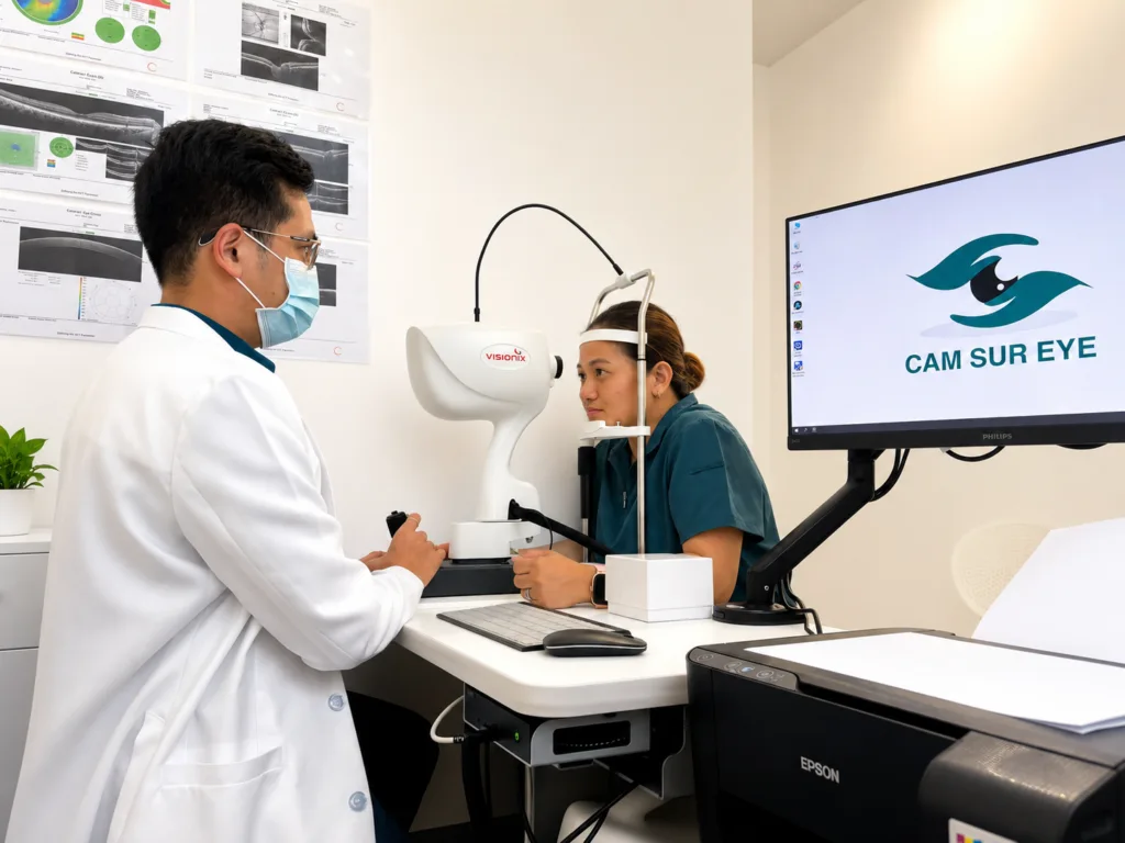 A closer view of an eye examination at Cam Sur Eye Center